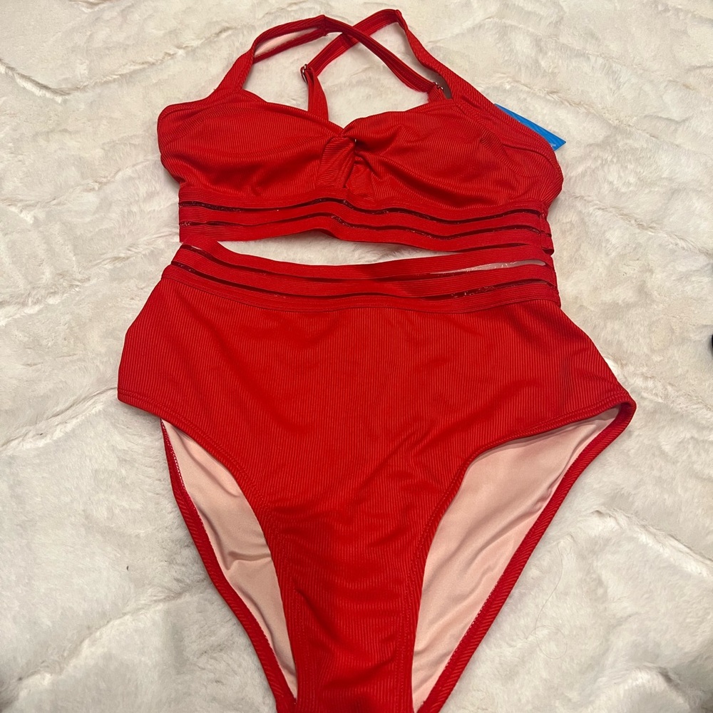 Red Sweetheart Bikini Top & High-Rise Tummy Control Bottoms Set Cupshe, sz M